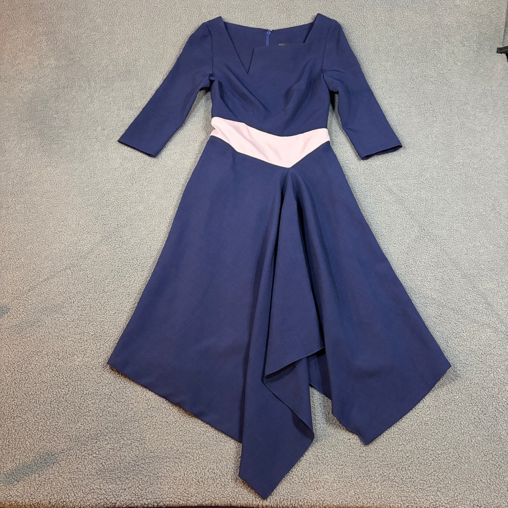 Nora Gardner Dress Womens L Blue Pink Asymmetric Hem 3/4 Sleeve Colorblock Midi